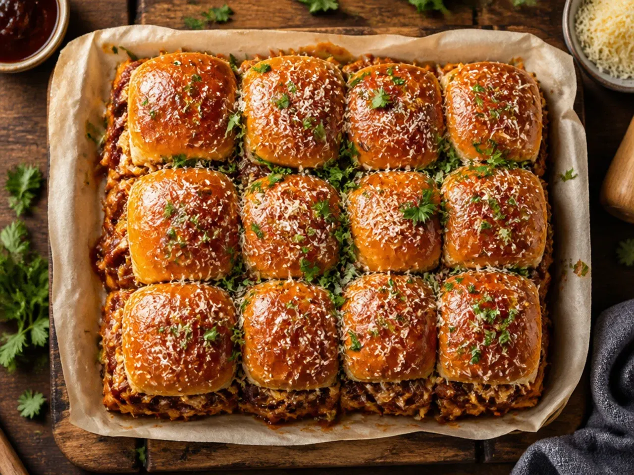 Honey BBQ sliders with a sticky caramelized glaze on the roll tops