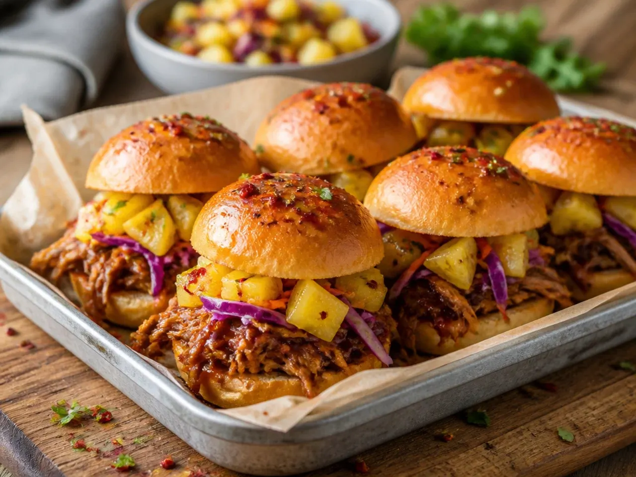 Pulled pork sliders studded with pineapple pieces on Hawaiian rolls