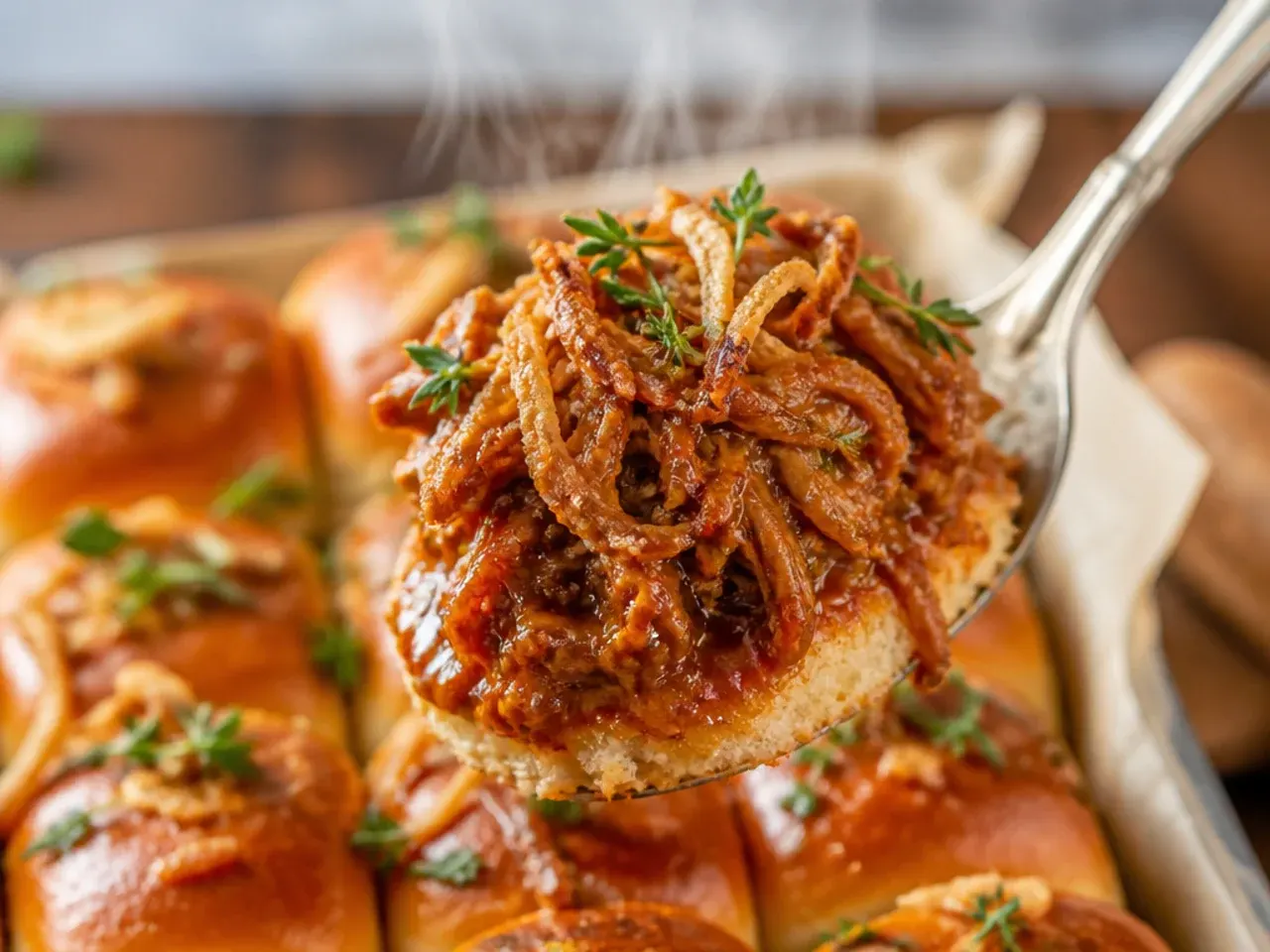 Carolina-style vinegar and mustard pulled pork sliders on a serving board