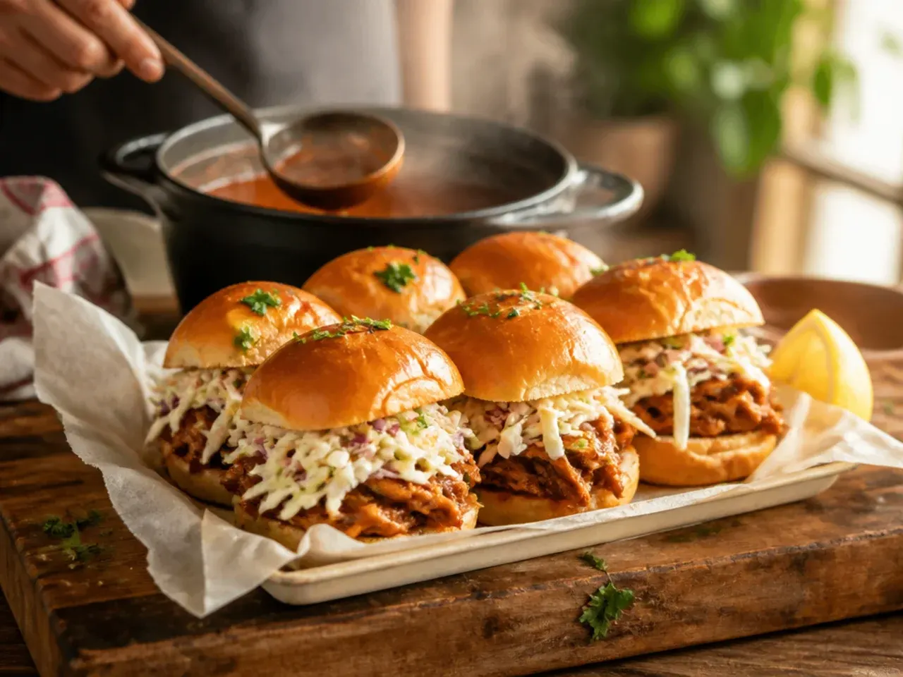 BBQ pork sliders topped with fresh creamy coleslaw after baking