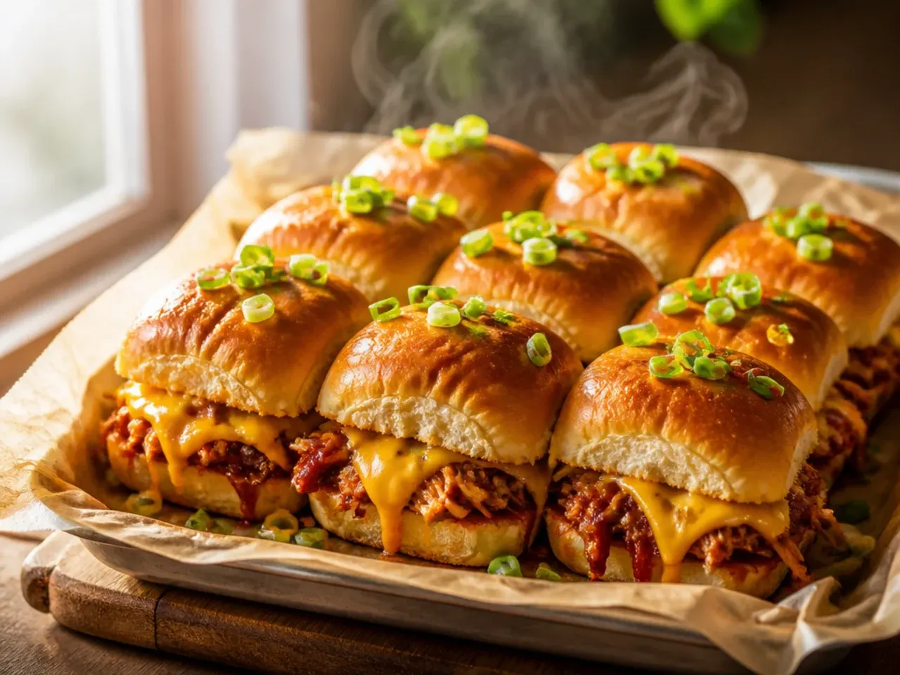 Small tray of BBQ chicken sliders cooking in an air fryer basket