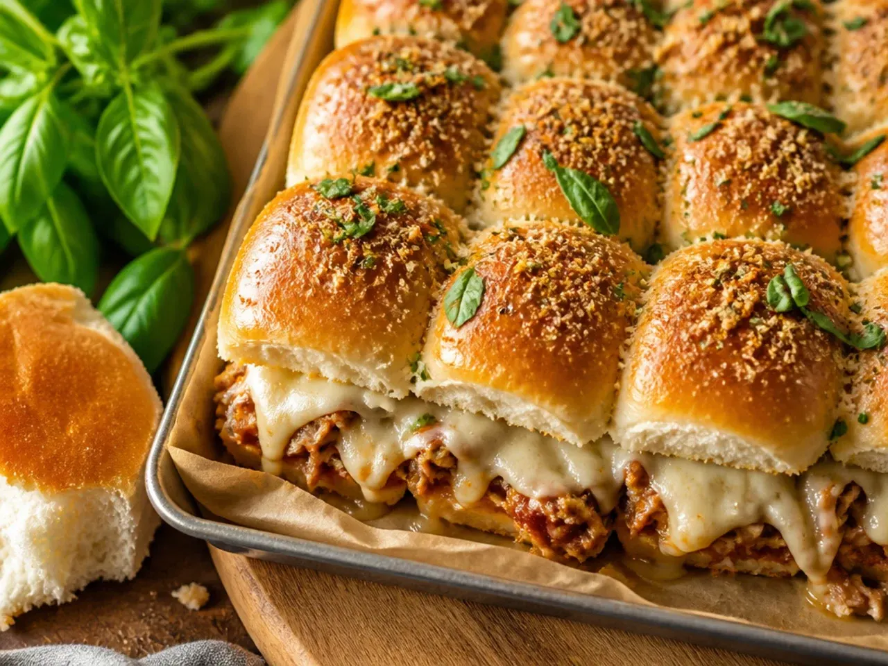 Shredded turkey and pepper jack BBQ sliders on a baking tray