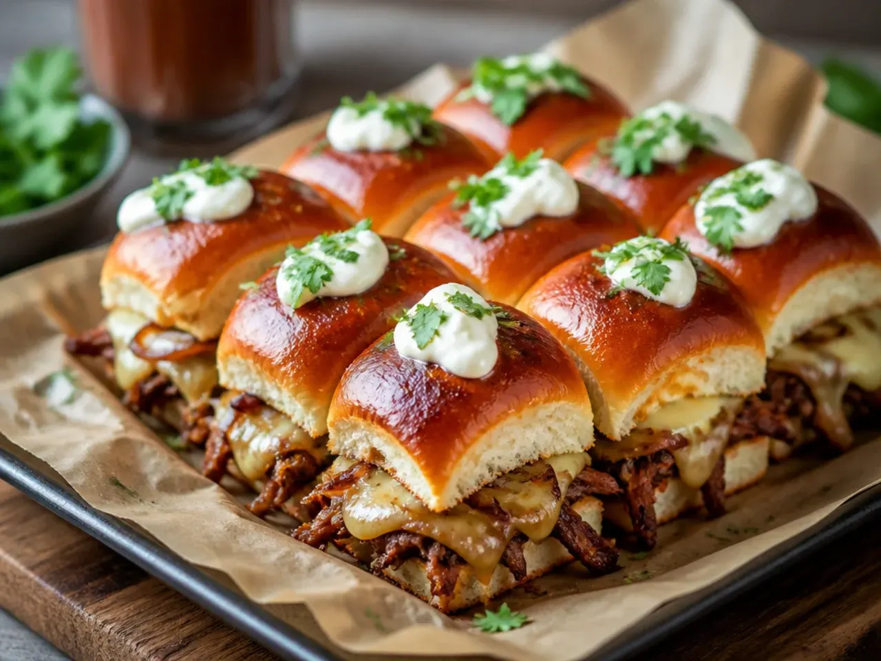 Slow-cooked shredded beef and caramelized onions in BBQ sauce