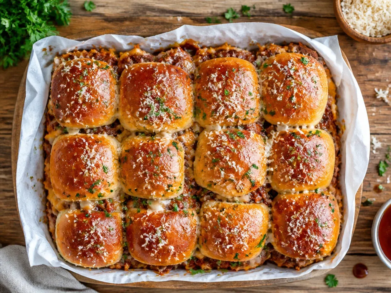 Foil-wrapped tray of assembled BBQ sliders ready for the freezer