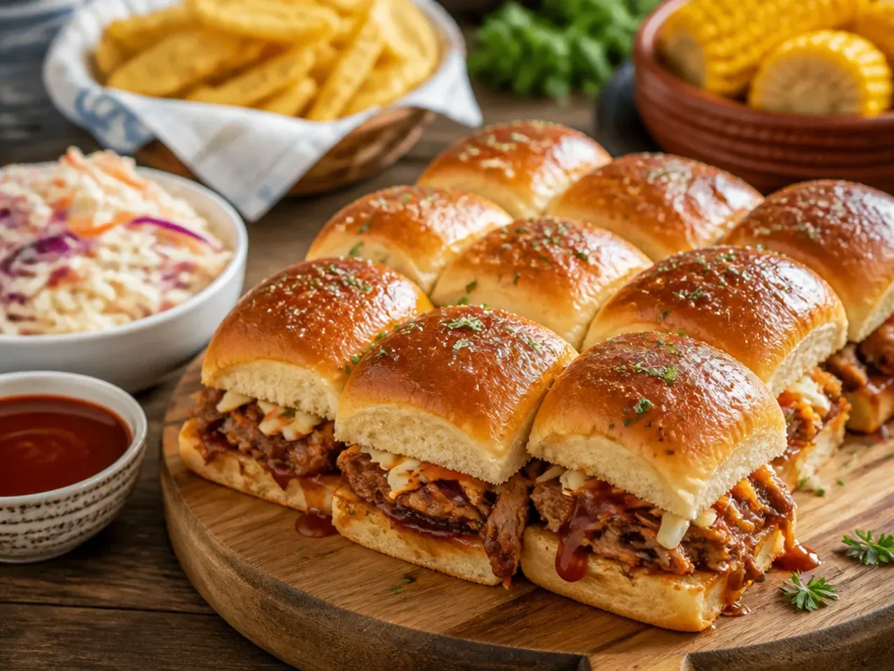 Platter of BBQ sliders served with coleslaw, pickles and extra sauce on the side