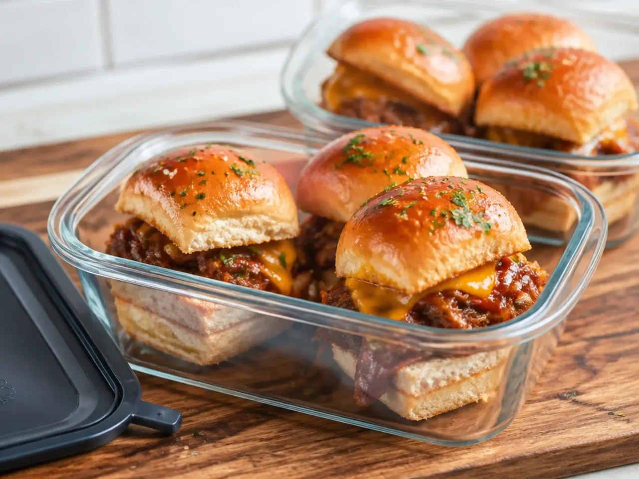 Leftover BBQ sliders being reheated covered in foil in the oven