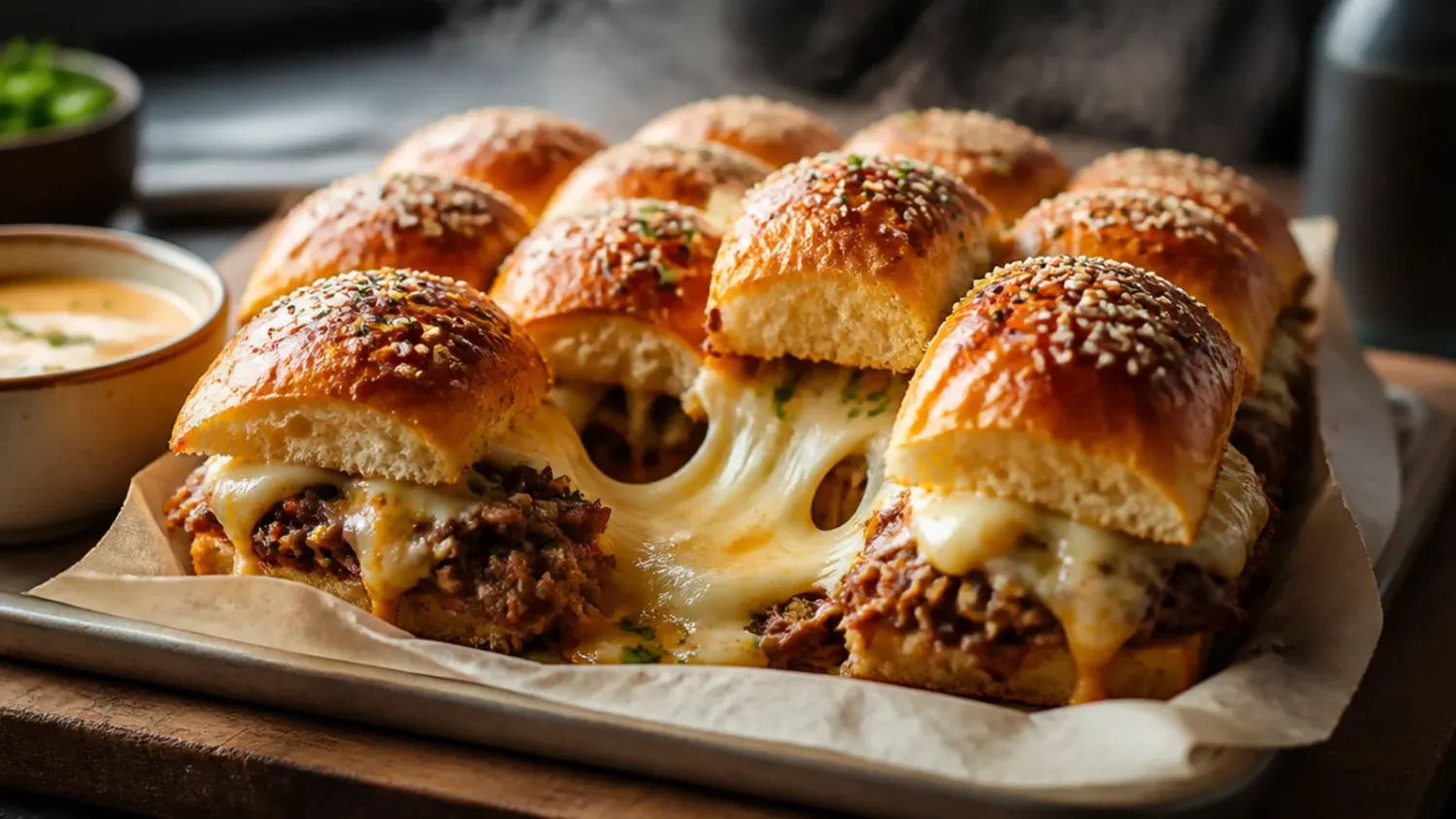 Overhead shot of a tray of golden-baked beef sliders on Hawaiian rolls, melted cheese peeking out the sides, brushed with a glossy butter topping and scattered with poppy seeds.