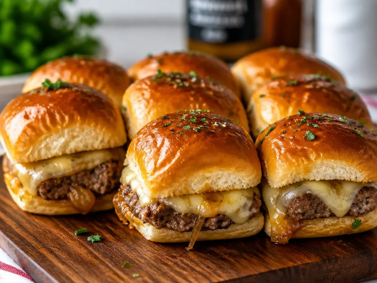 A close-up of a tray of beef sliders on Hawaiian rolls fresh out of the oven, cheese melted and bubbling at the edges.