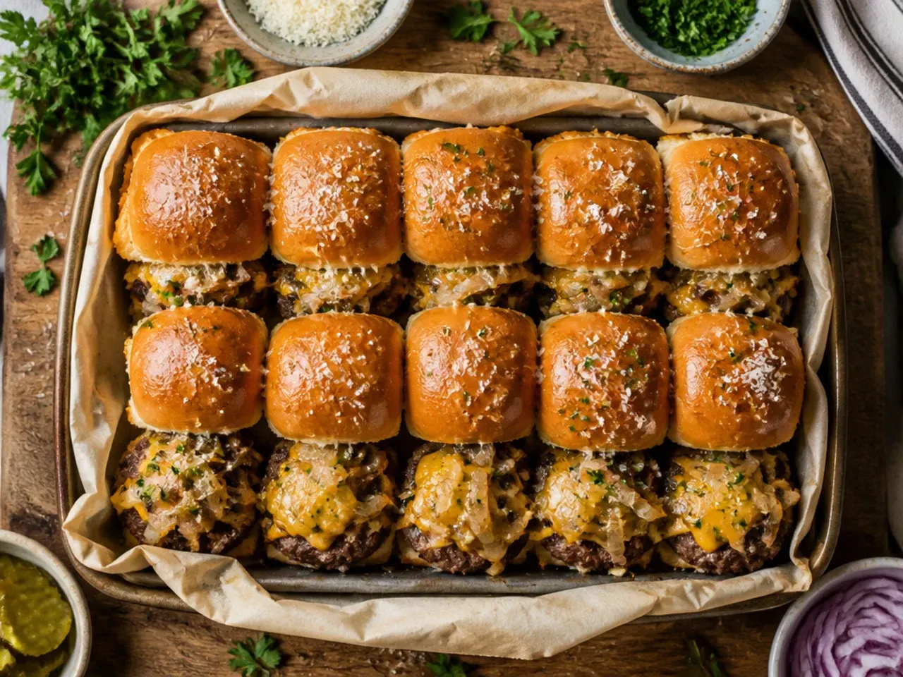 A tray of classic cheeseburger sliders on Hawaiian rolls with melted cheddar and American cheese.