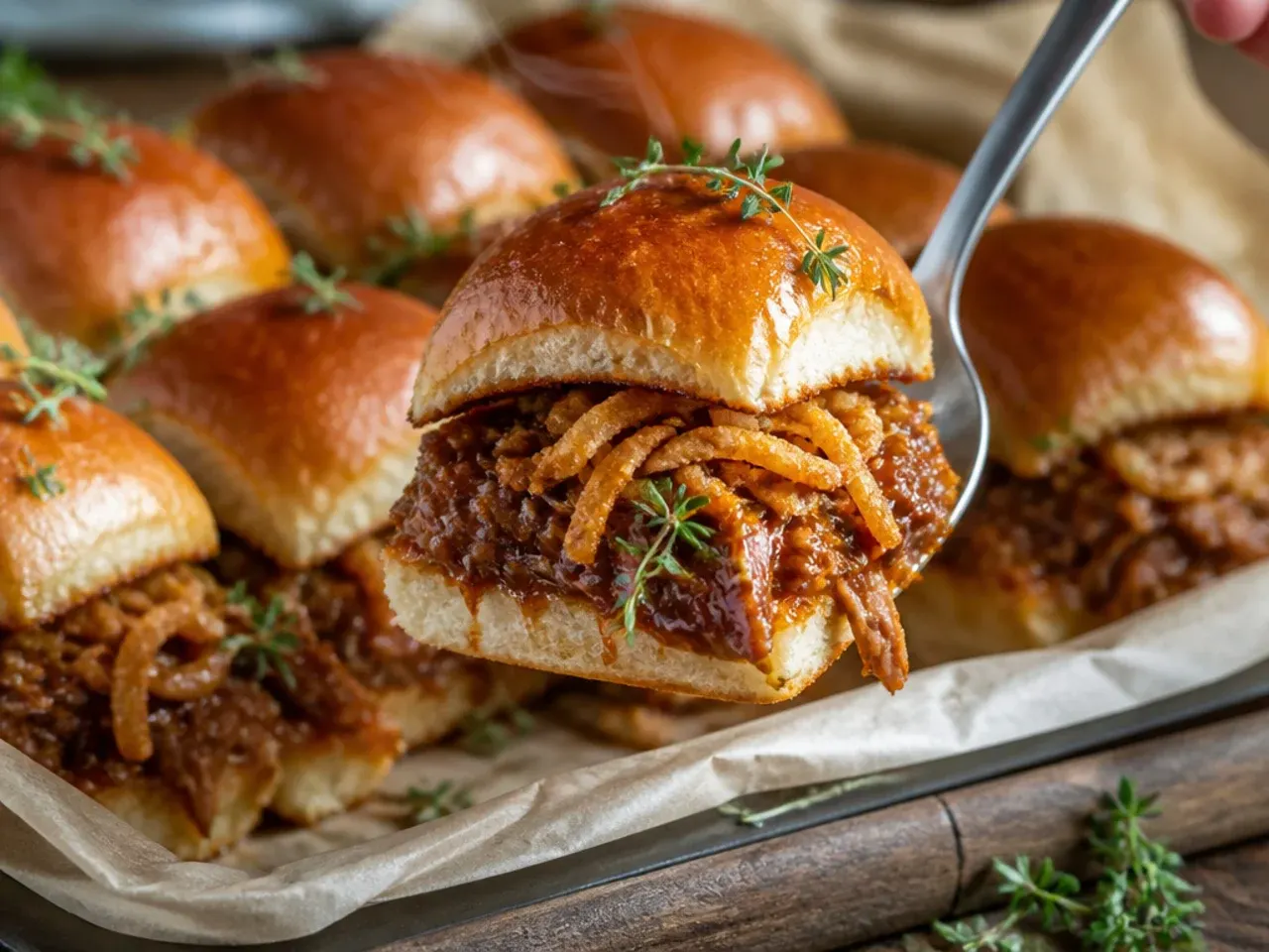 Hearty BBQ beef sliders on Hawaiian rolls topped with crispy fried onions and a glossy glaze.