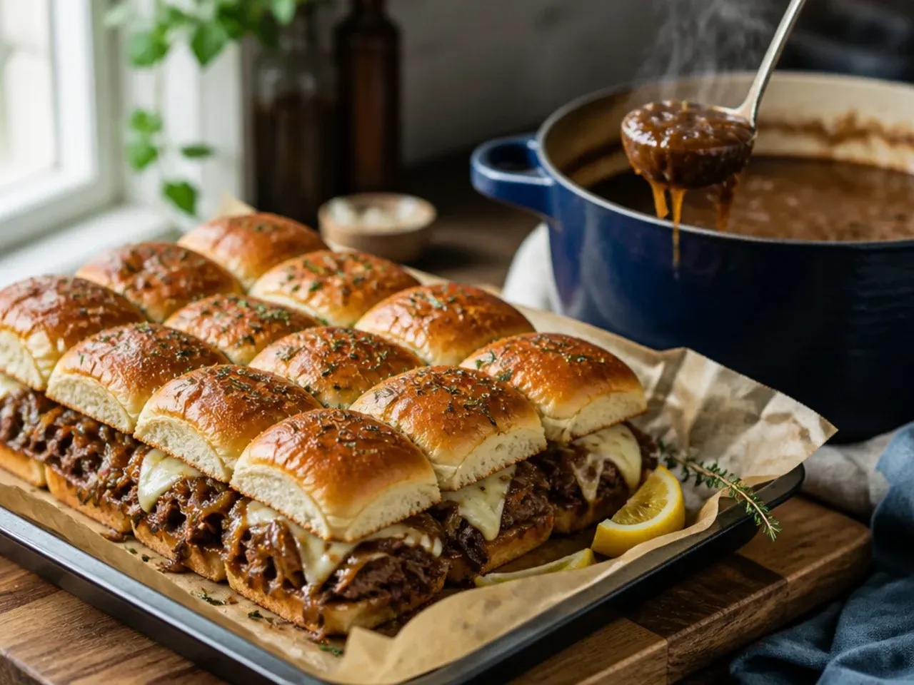Cozy French onion beef sliders on Hawaiian rolls topped with melted Gruyere and caramelised onions.