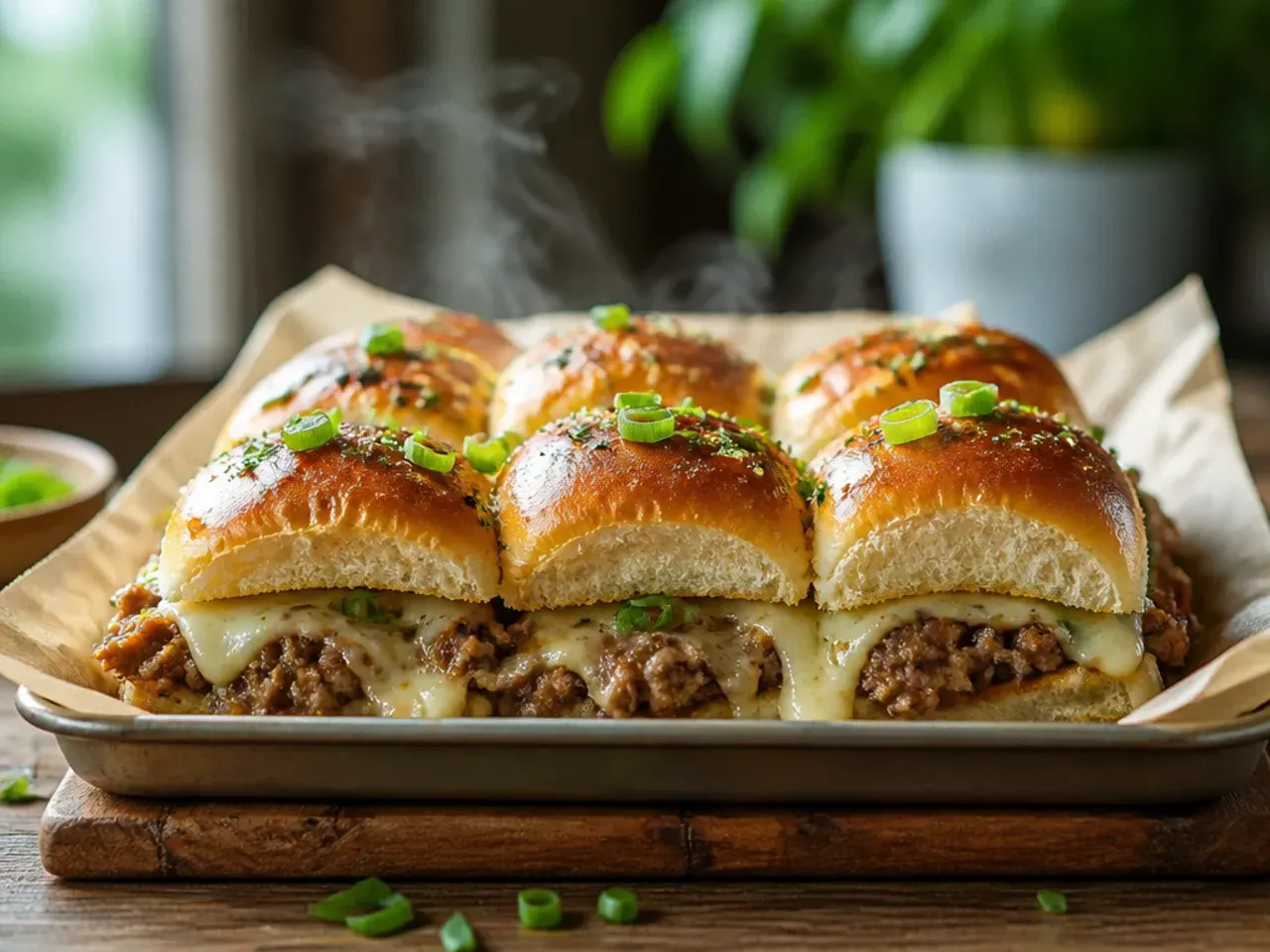 Creamy garlic beef sliders on Hawaiian rolls with a stretchy mozzarella top.
