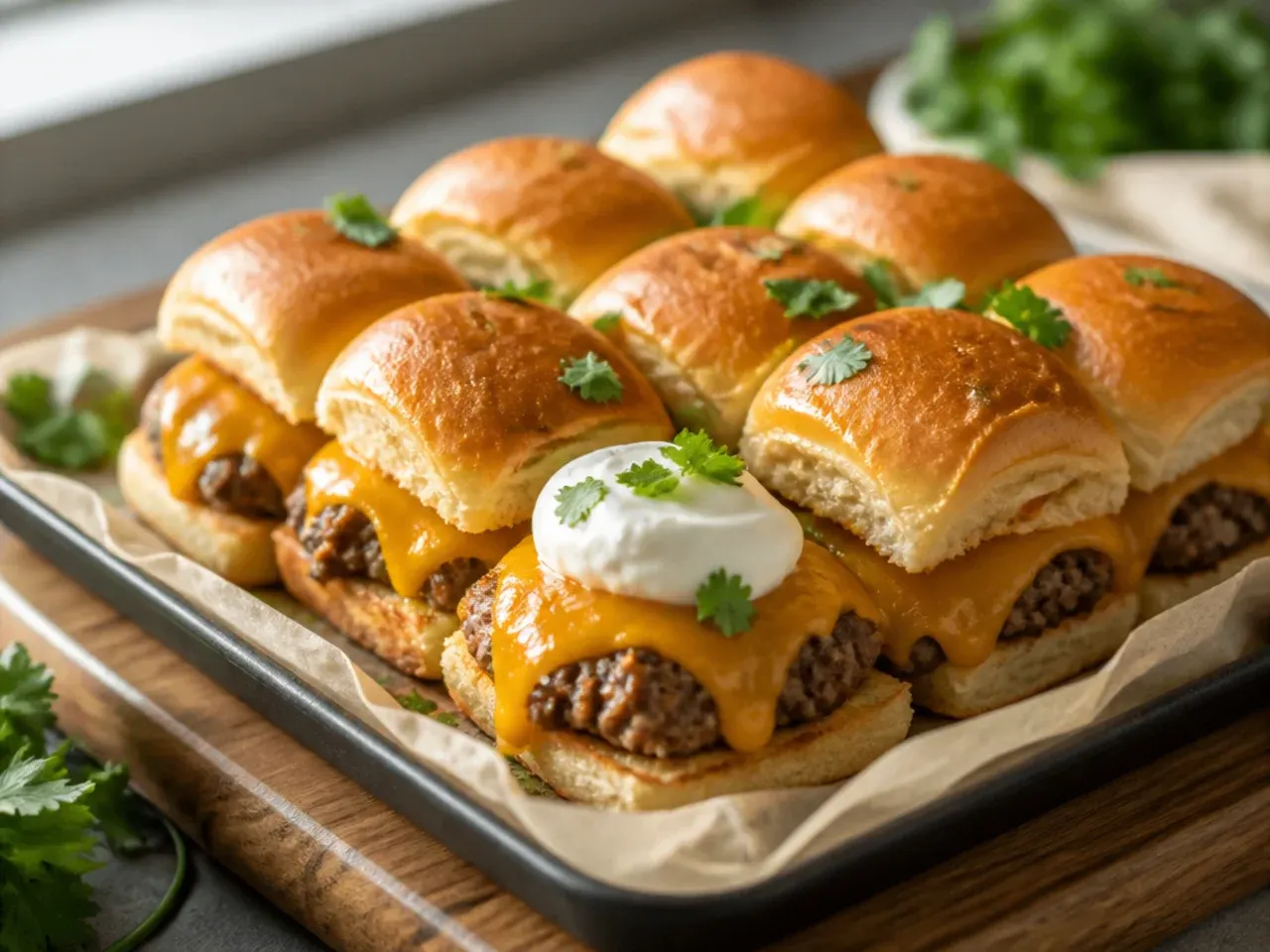 Extra-cheesy double cheddar beef sliders on Hawaiian rolls with long cheese pulls.