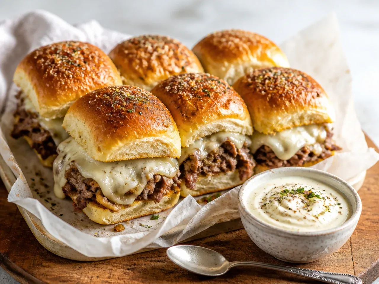 Comforting Philly-style beef sliders on Hawaiian rolls with peppers, onions and melted provolone.