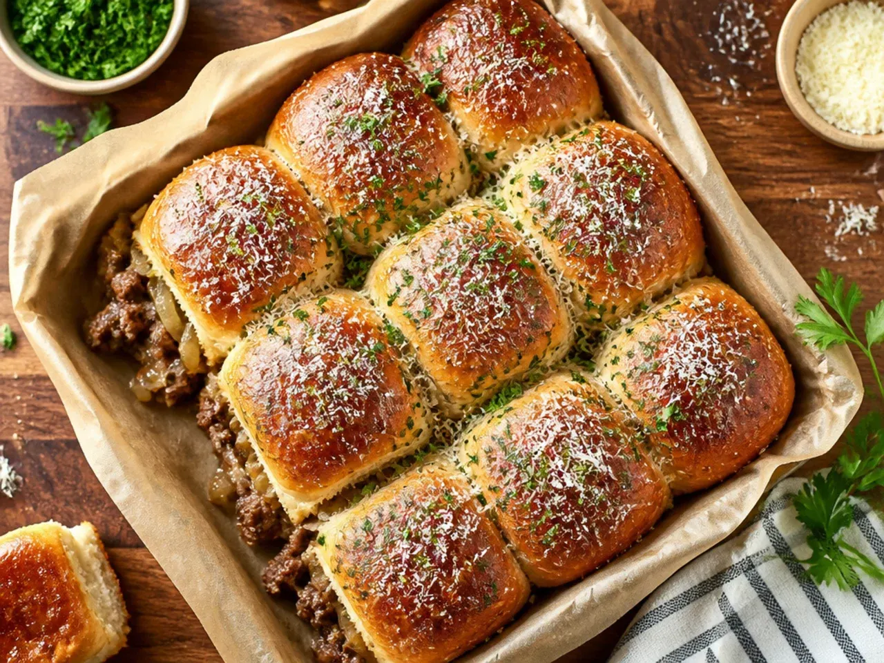 A budget-friendly tray of beef and onion sliders on Hawaiian rolls, simple and generously portioned.