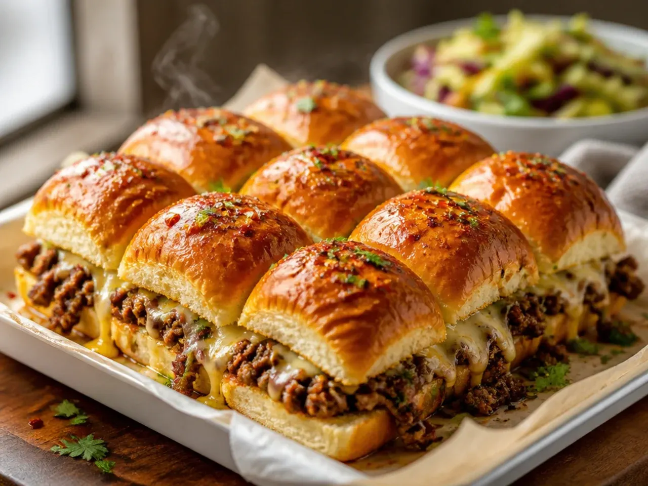 Weeknight taco-spiced beef sliders on Hawaiian rolls topped with coriander and pepper jack cheese.