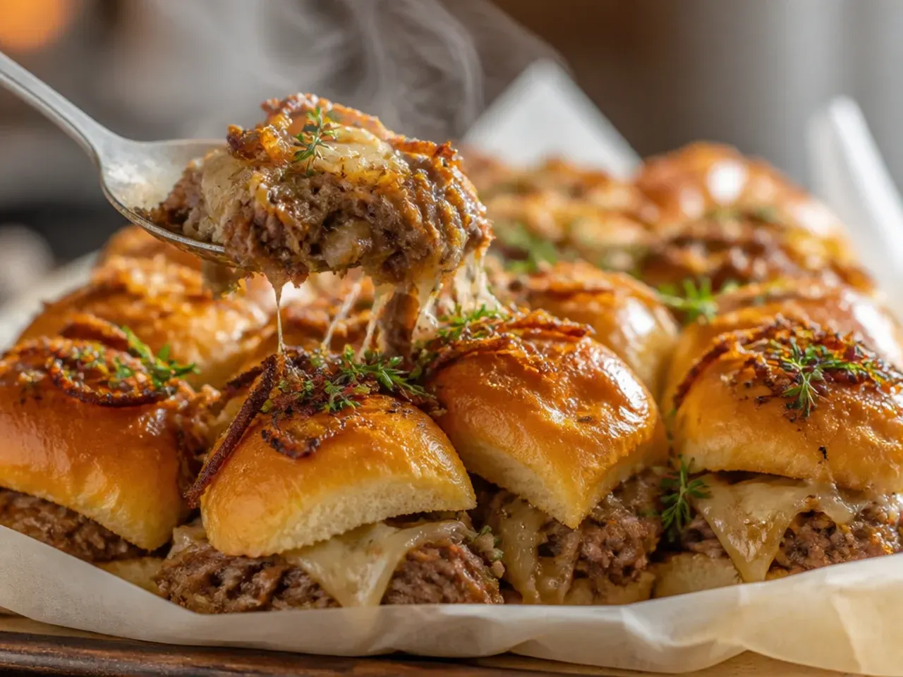 Rustic caramelised onion beef sliders on Hawaiian rolls with jammy onions and sharp white cheddar.