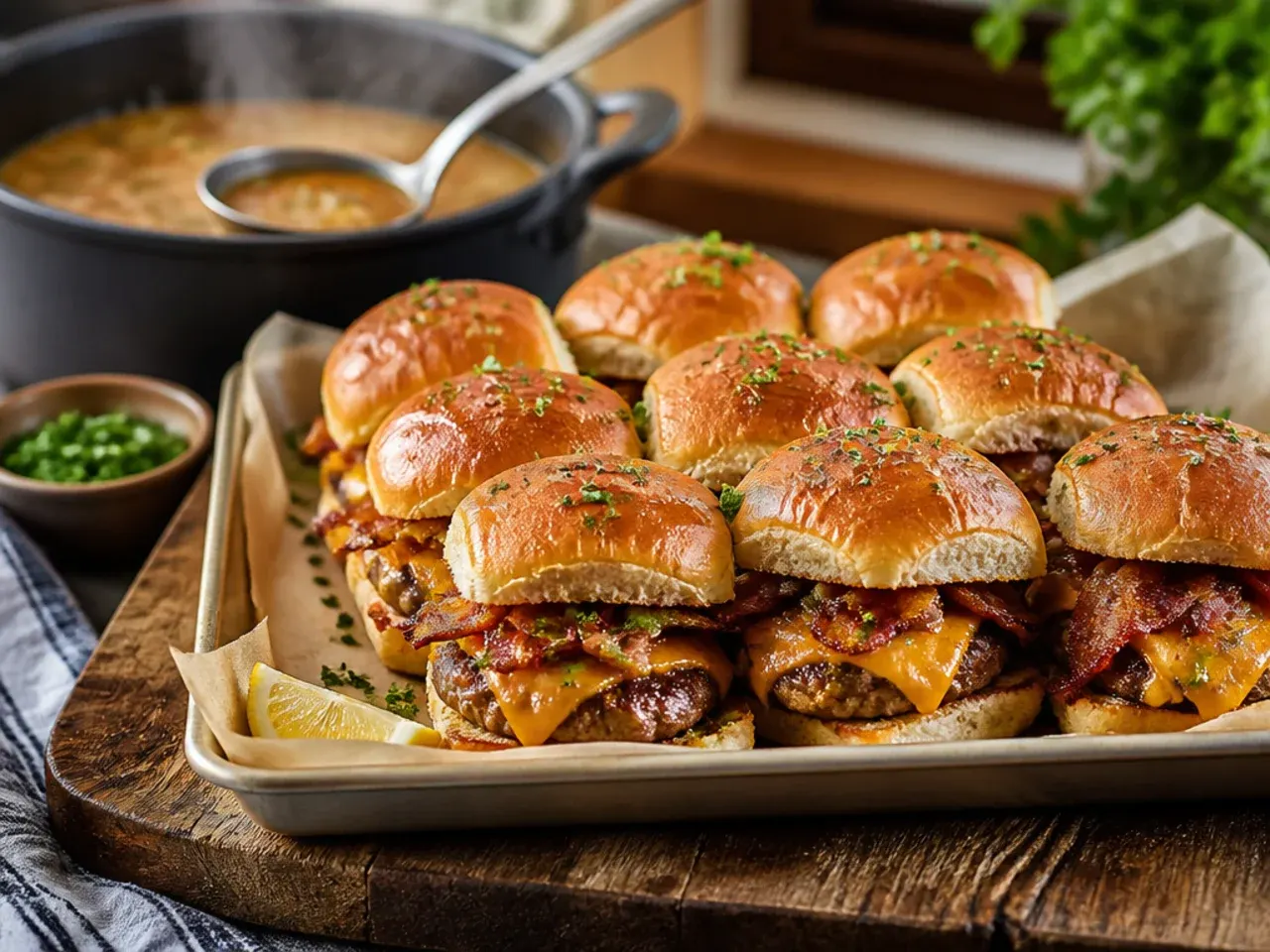 Loaded bacon cheeseburger sliders on Hawaiian rolls with crispy bacon bits scattered on top.