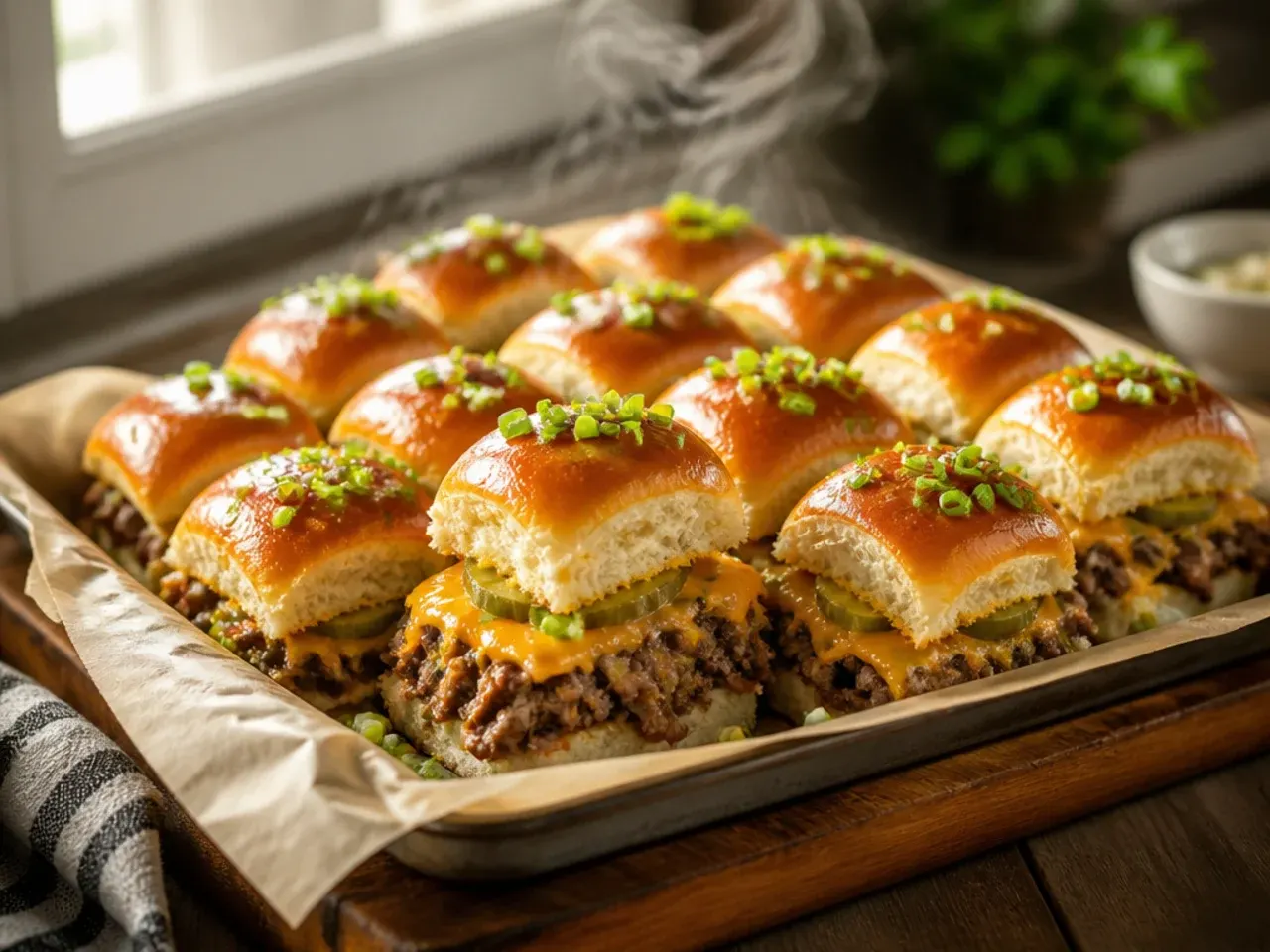 Family-style beef and pickle sliders on Hawaiian rolls sliced open to show the pickle layer.