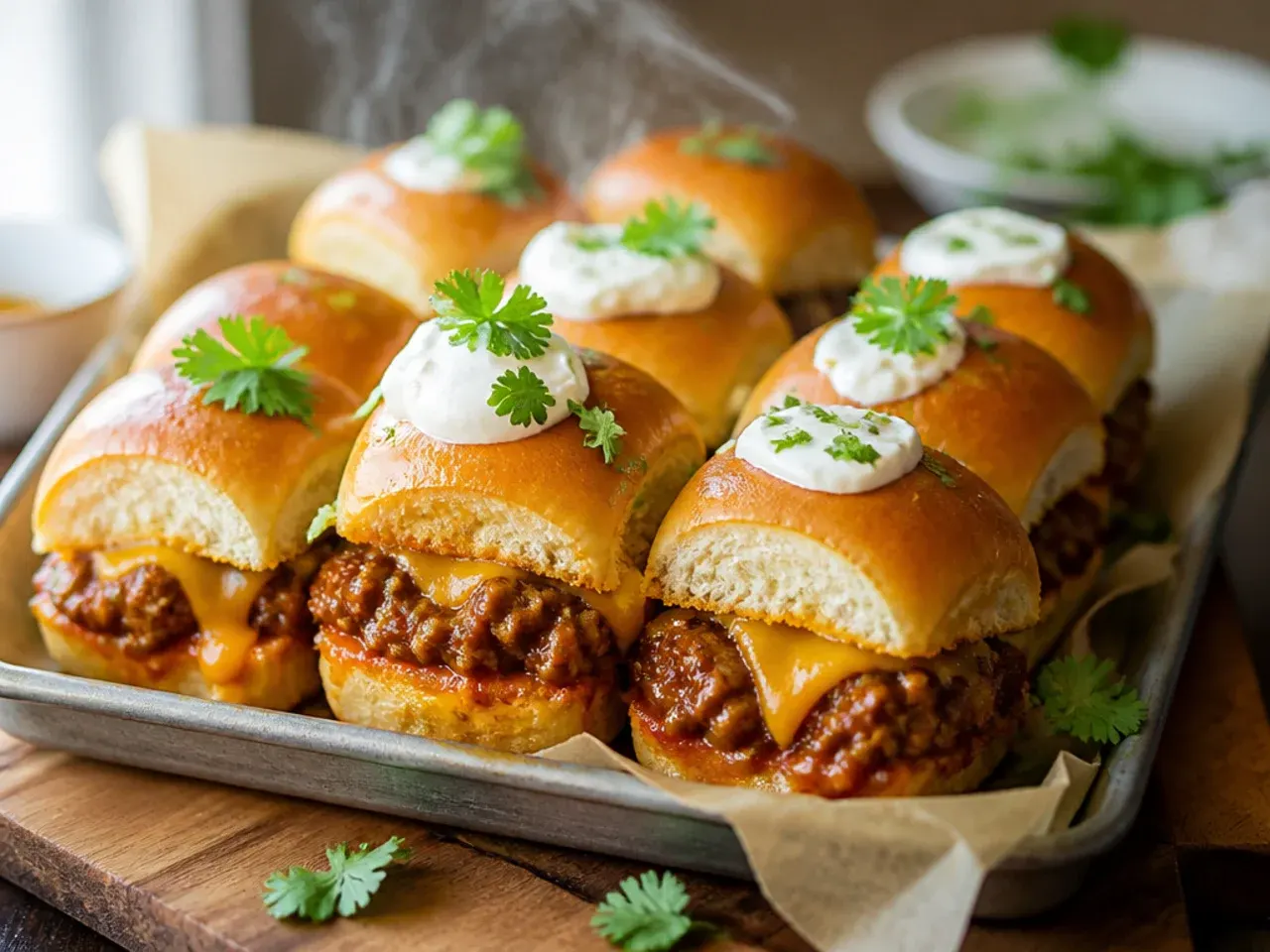 One-pot sloppy joe sliders on Hawaiian rolls with a thick, glossy tomato-based beef filling.