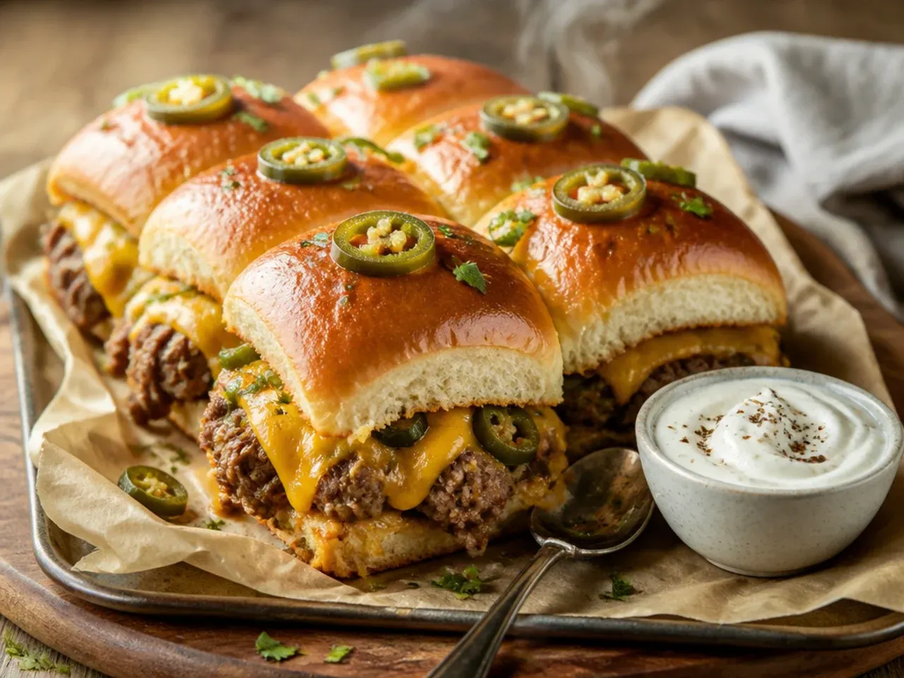 Spicy jalapeno beef sliders on Hawaiian rolls with pickled jalapeno slices and melted pepper jack.