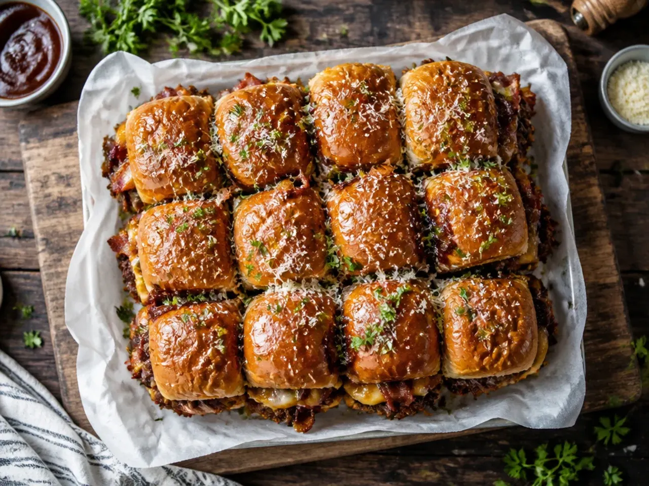 Smoky BBQ bacon sliders on Hawaiian rolls with smoked gouda and crispy bacon.