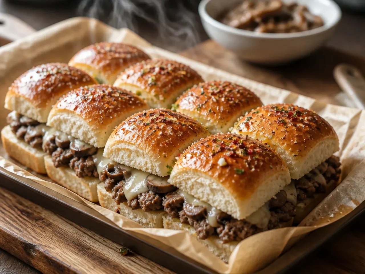Mushroom Swiss beef sliders on Hawaiian rolls with golden sauteed mushrooms and melted Swiss cheese.