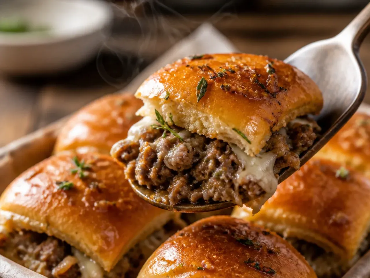 Garlic butter beef sliders on Hawaiian rolls with a glossy, herb-flecked butter topping.