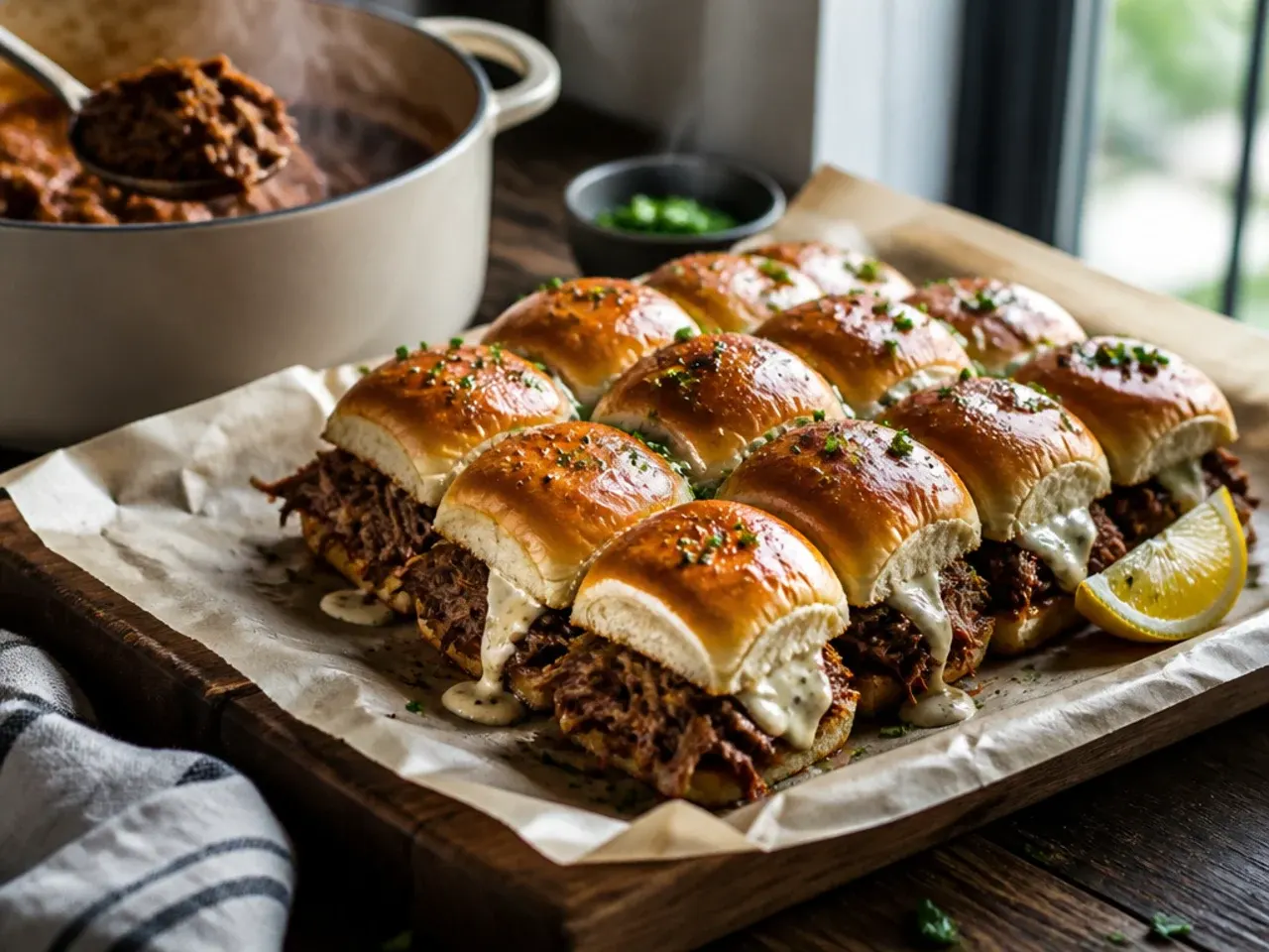 Buffalo beef sliders on Hawaiian rolls with a hot sauce glaze and crumbled blue cheese.