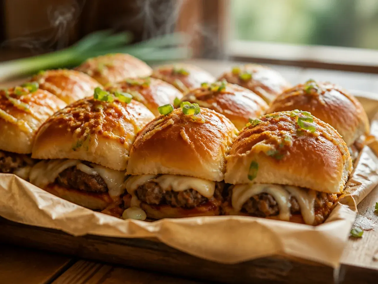 Pizza-style beef sliders on Hawaiian rolls topped with mozzarella, pepperoni and oregano.