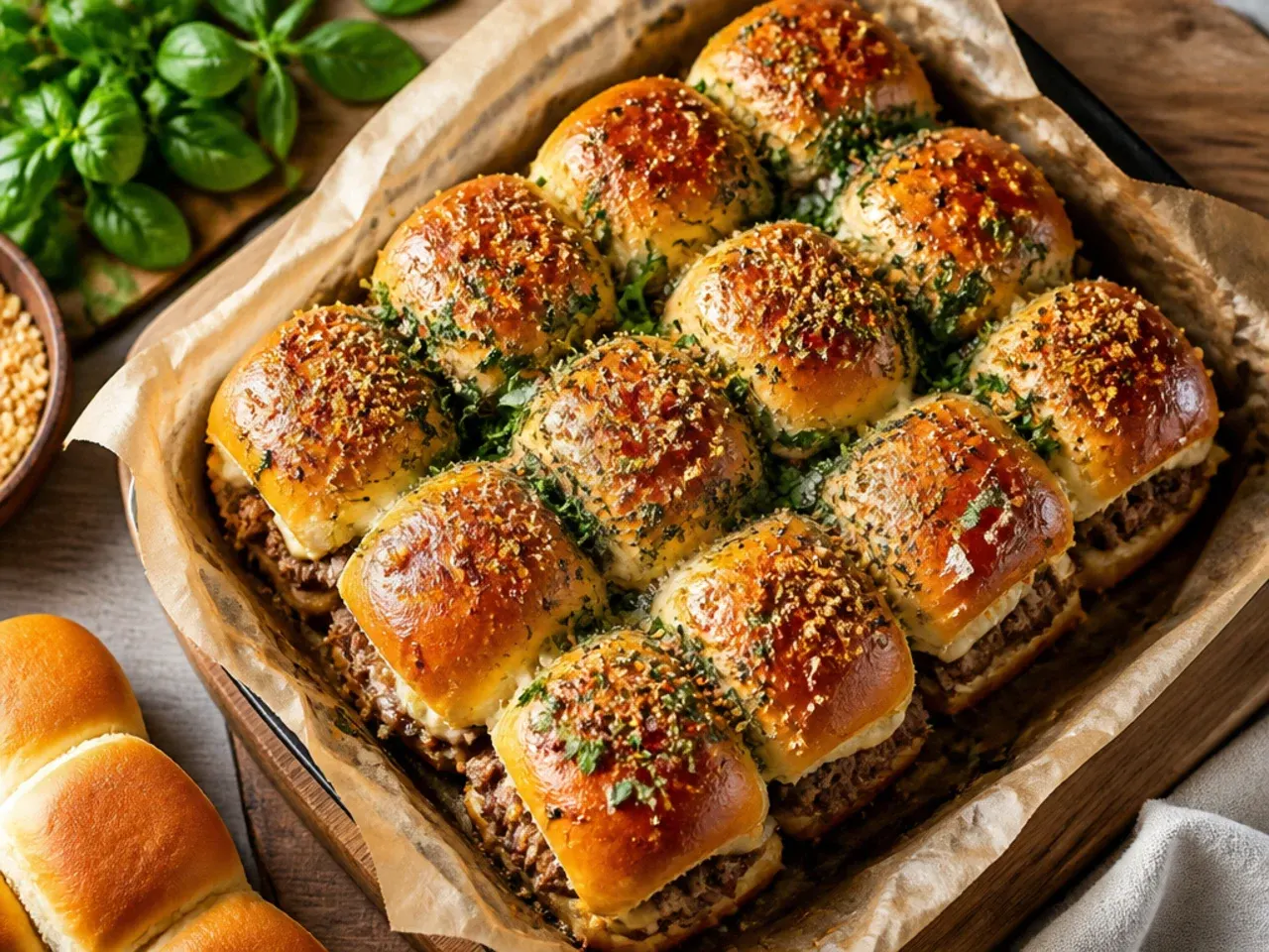 Ranch-seasoned beef sliders on Hawaiian rolls with melted cheddar and fresh chives.