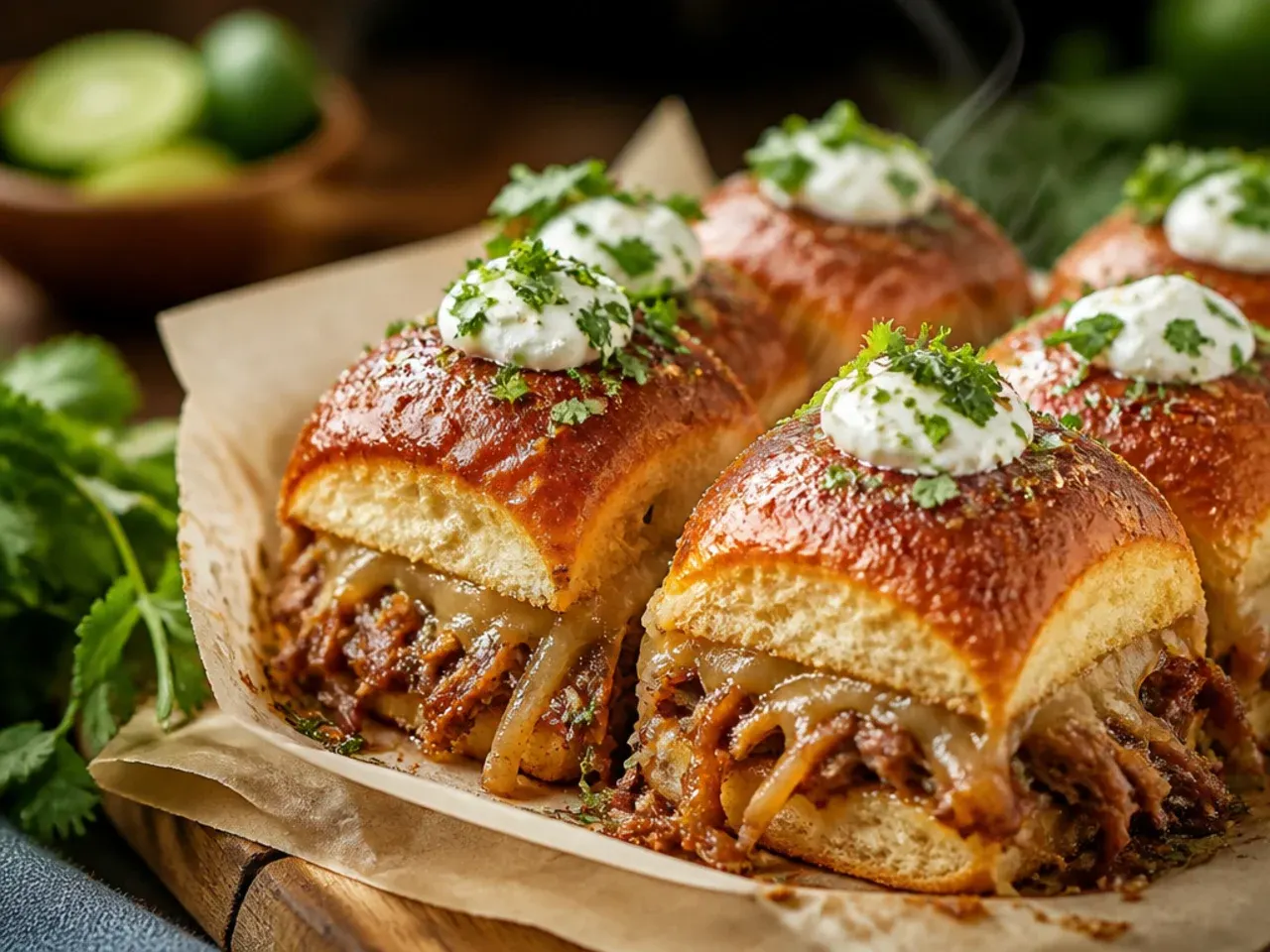 Onion soup mix beef sliders on Hawaiian rolls with melted Swiss cheese, a savoury shortcut recipe.