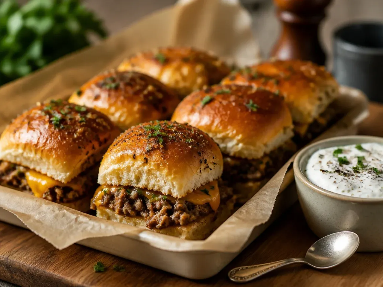 Ground beef and Italian sausage sliders on Hawaiian rolls with melted provolone.