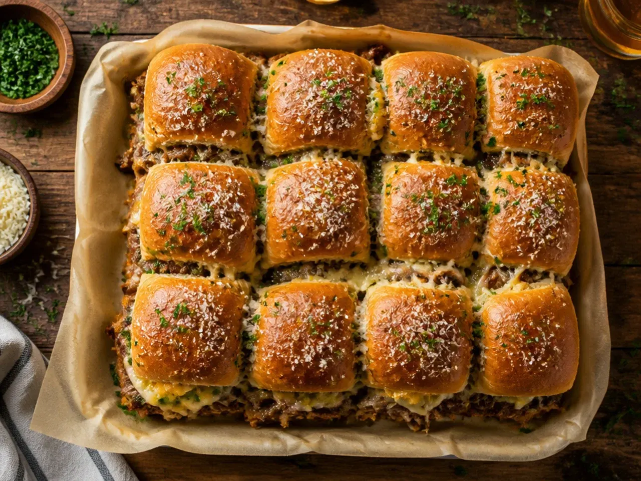 Honey mustard beef sliders on Hawaiian rolls with a glossy sweet-savoury glaze.