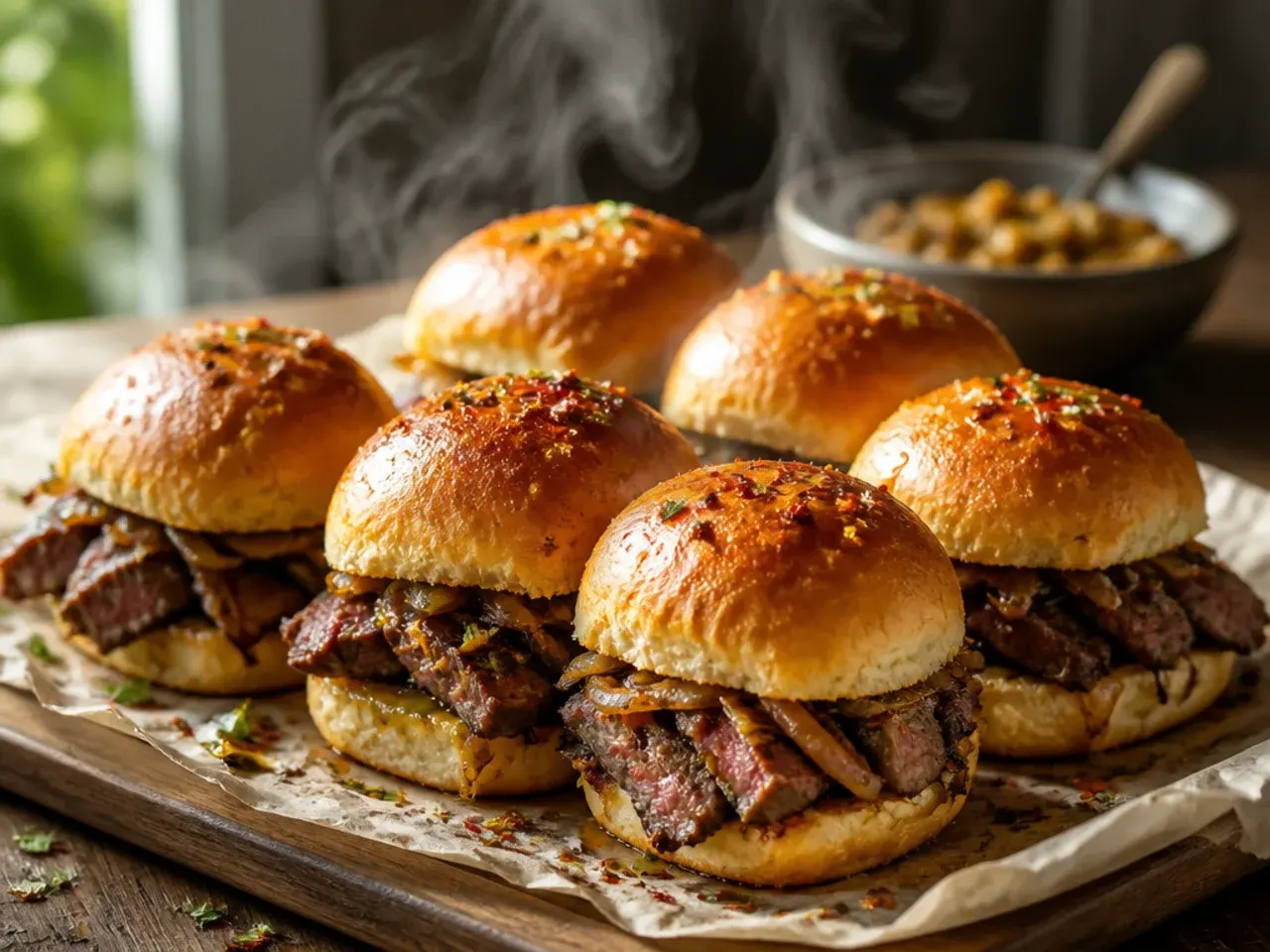 Steakhouse-style beef sliders on Hawaiian rolls with provolone, mushrooms and horseradish mayo.