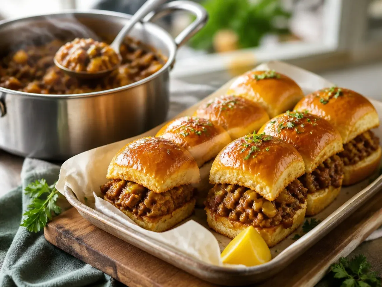 Curry-spiced beef sliders on Hawaiian rolls with mango chutney and fresh coriander.