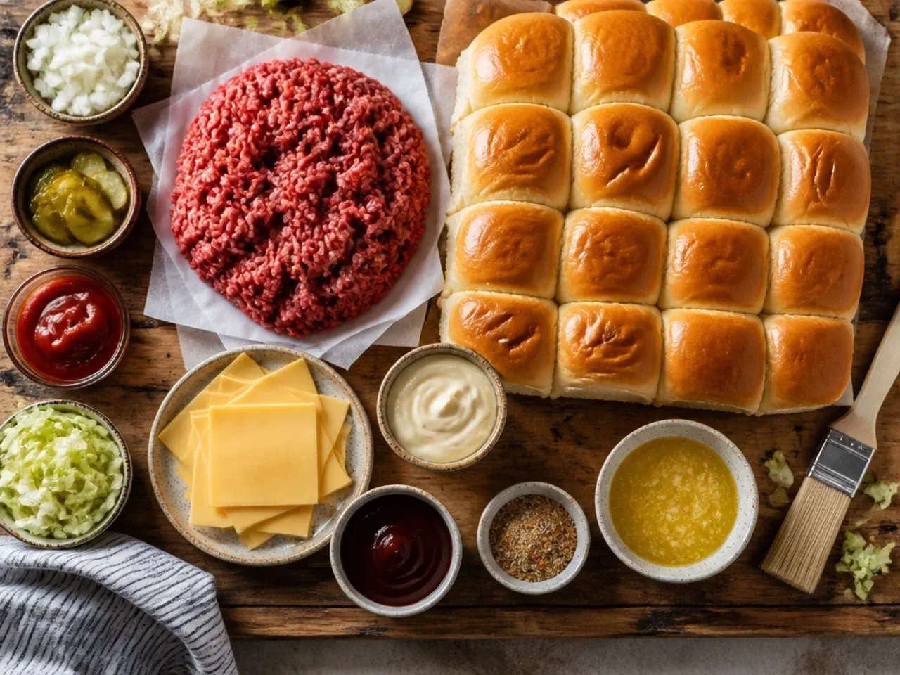Close-up of a hand brushing melted butter over a tray of unbaked beef sliders on Hawaiian rolls.