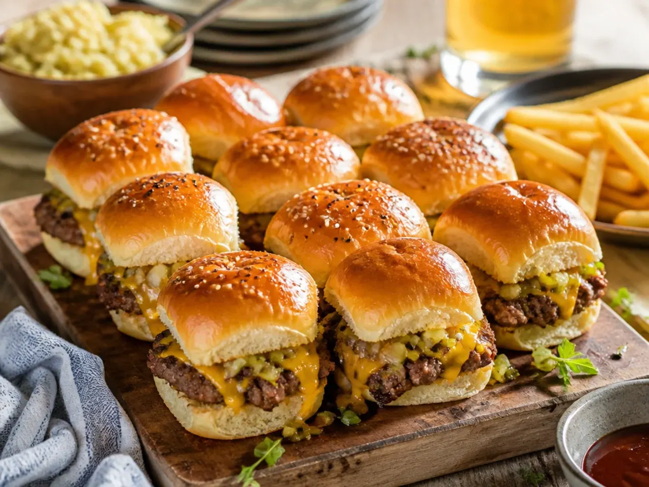 A wooden board of freshly baked beef sliders on Hawaiian rolls served with potato wedges and coleslaw.