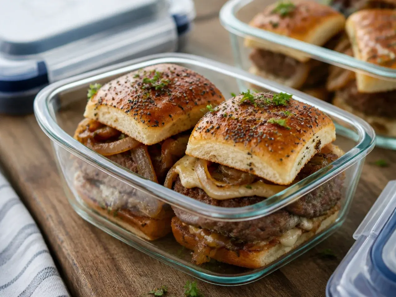 Leftover beef sliders on Hawaiian rolls stored in an airtight container, ready to reheat.