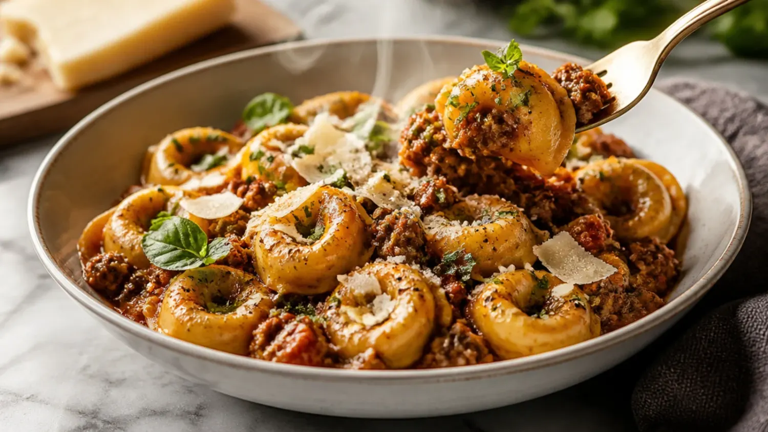 A skillet of creamy beef tortellini in tomato sauce topped with melted mozzarella and fresh basil
