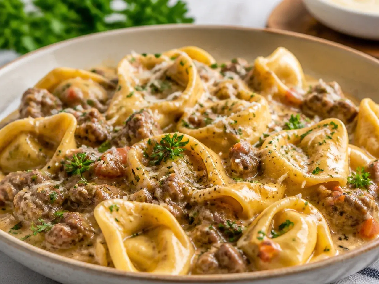 Overhead shot of a bowl of beef tortellini in creamy tomato sauce with grated parmesan
