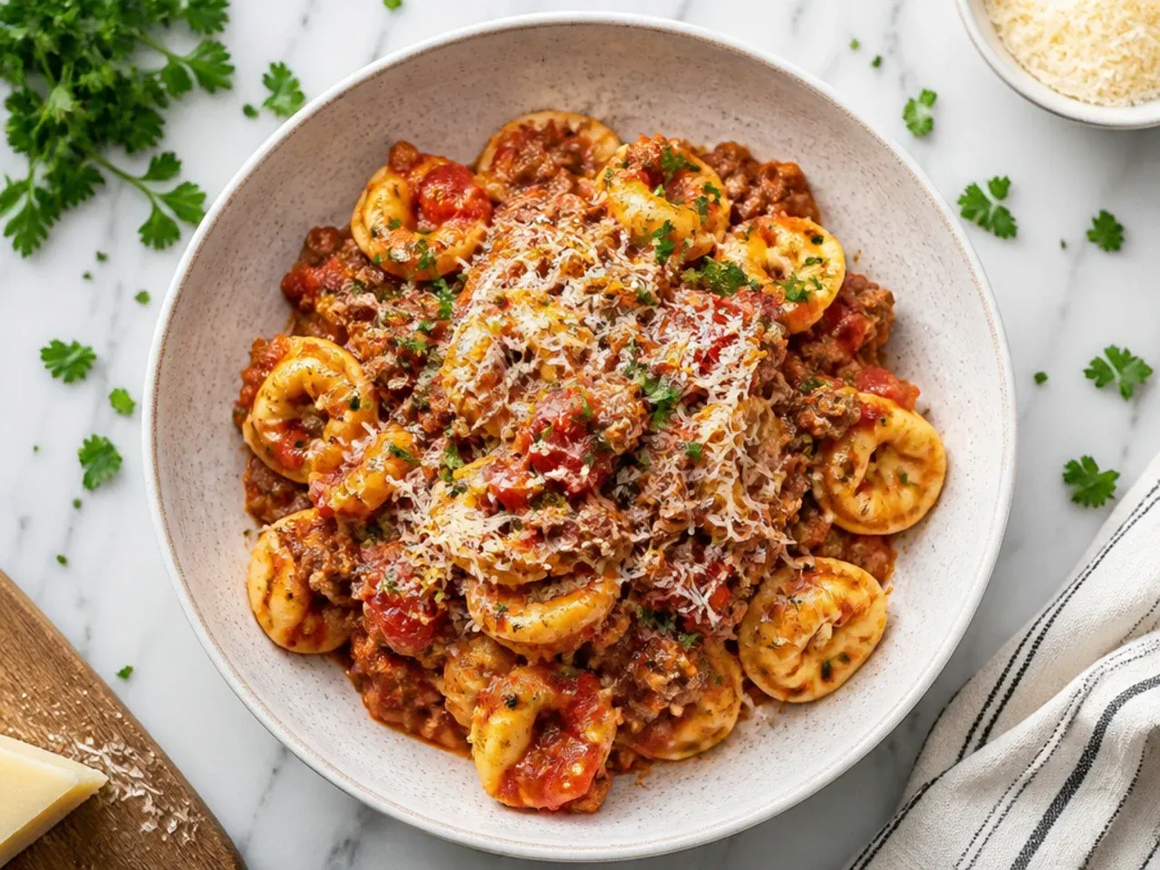 Close-up of classic beef and marinara tortellini in a white bowl