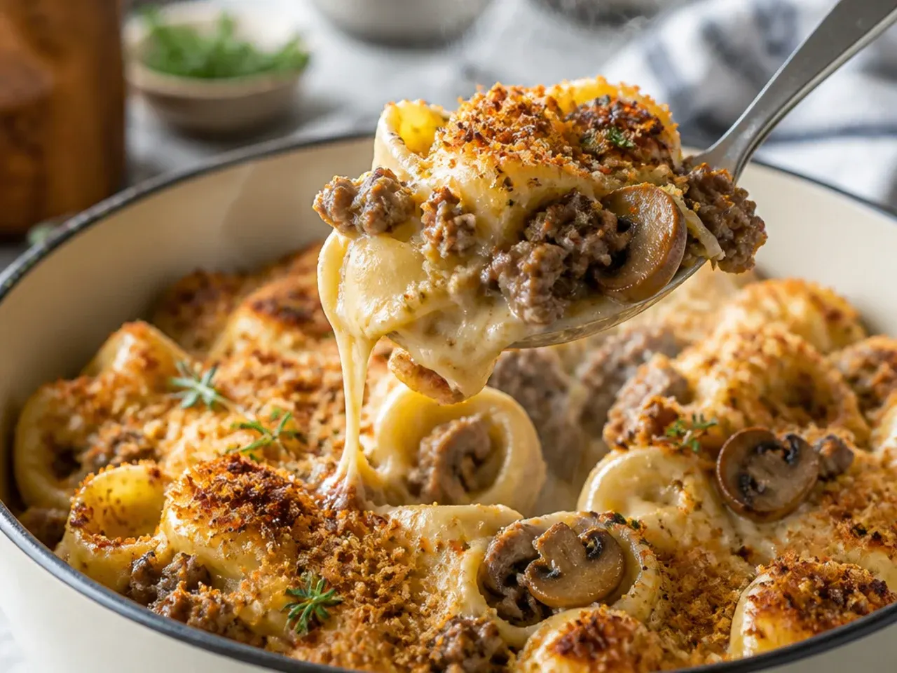 Baked beef and mushroom tortellini casserole with golden bubbling cheese