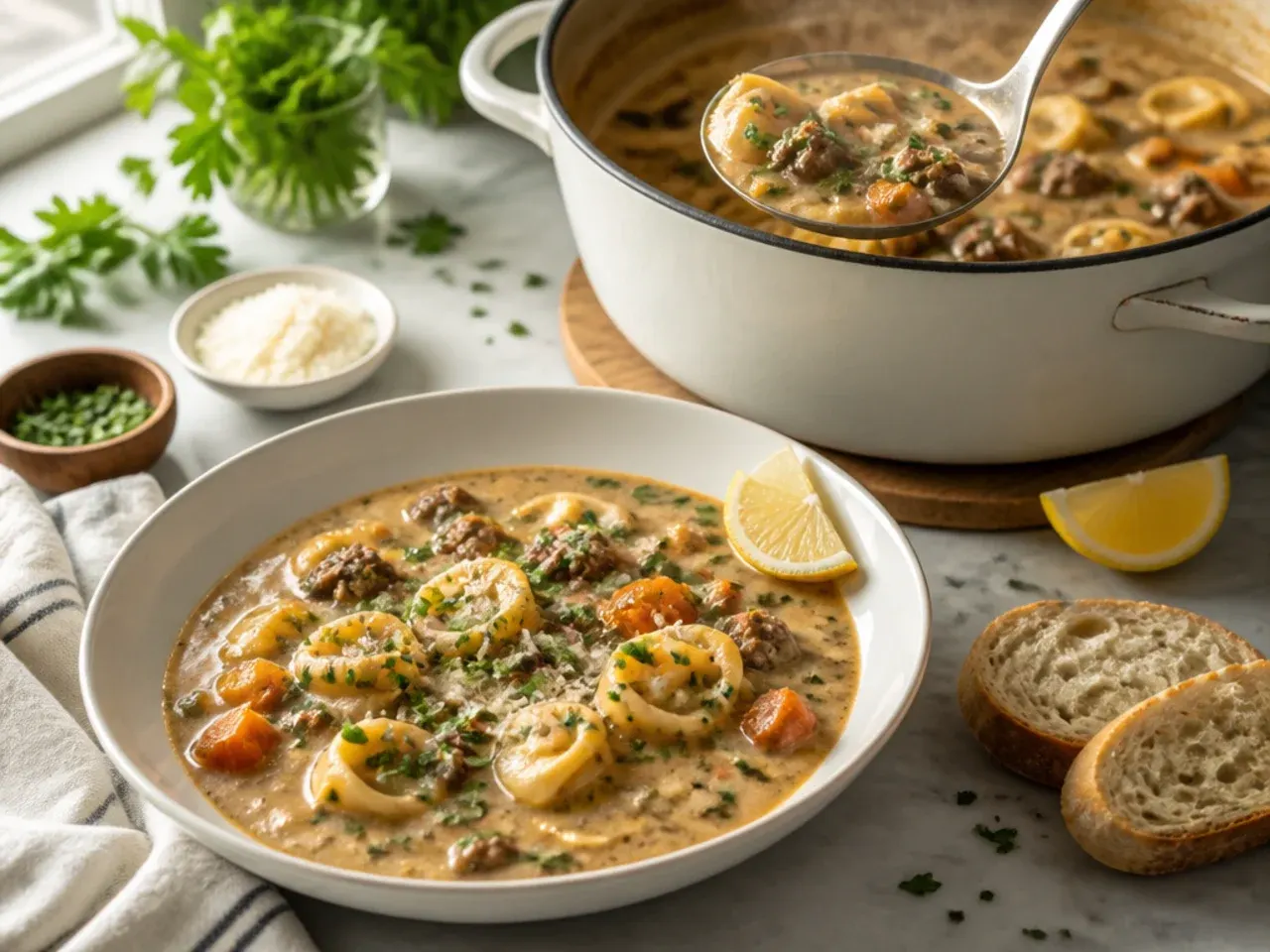 Bowl of beef tortellini soup with spinach and crusty bread on the side
