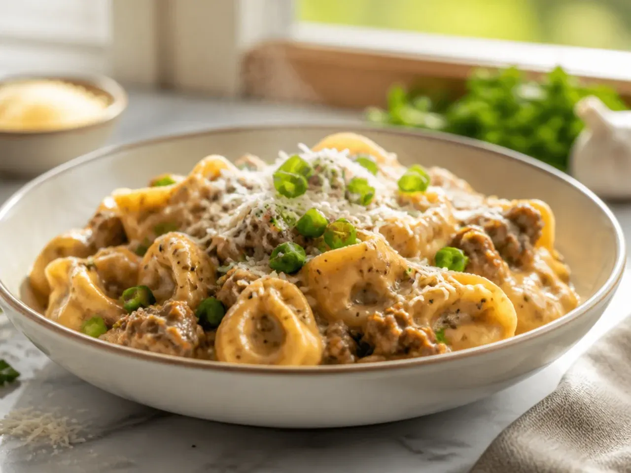 Creamy garlic parmesan beef tortellini in a white sauce