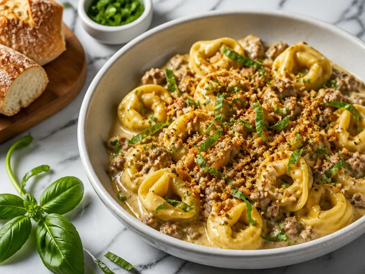 Simple five-ingredient beef tortellini skillet with melted cheese on top