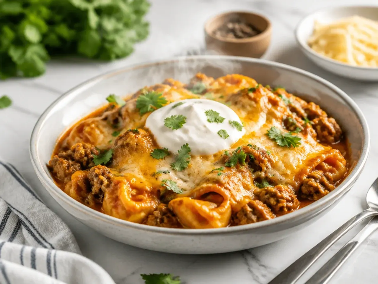 Extra cheesy beef tortellini bake with a stretchy melted cheese pull