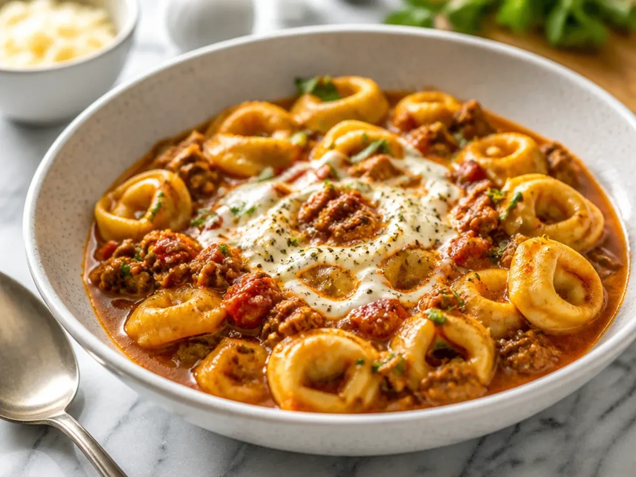 Comforting beef and tomato tortellini in a rustic bowl