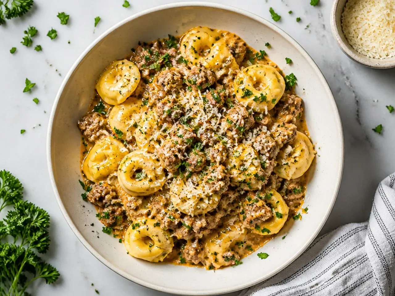 Budget beef tortellini skillet with beans stirred through the sauce