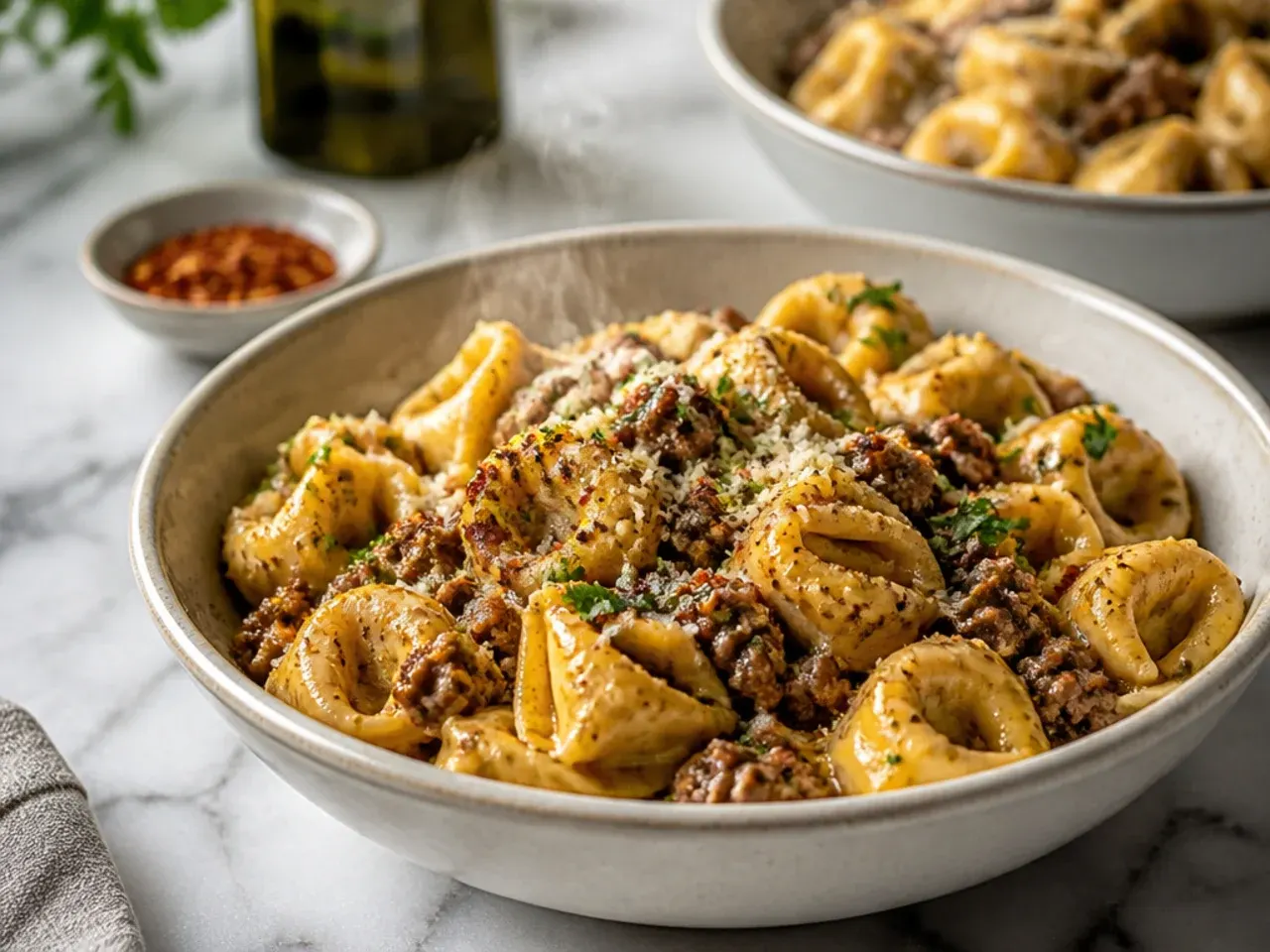 One-pan beef tortellini skillet simmering on the hob